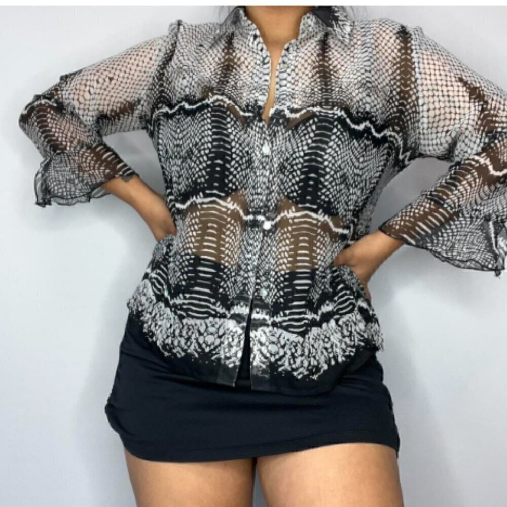 Like New Vintage Nicola Snakeskin print Sheer Button-Up Blouse Size Medium